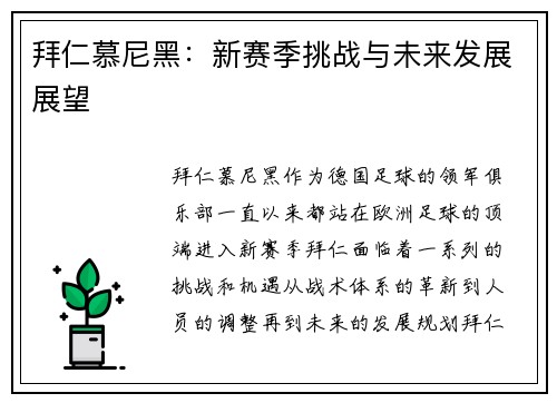 拜仁慕尼黑：新赛季挑战与未来发展展望